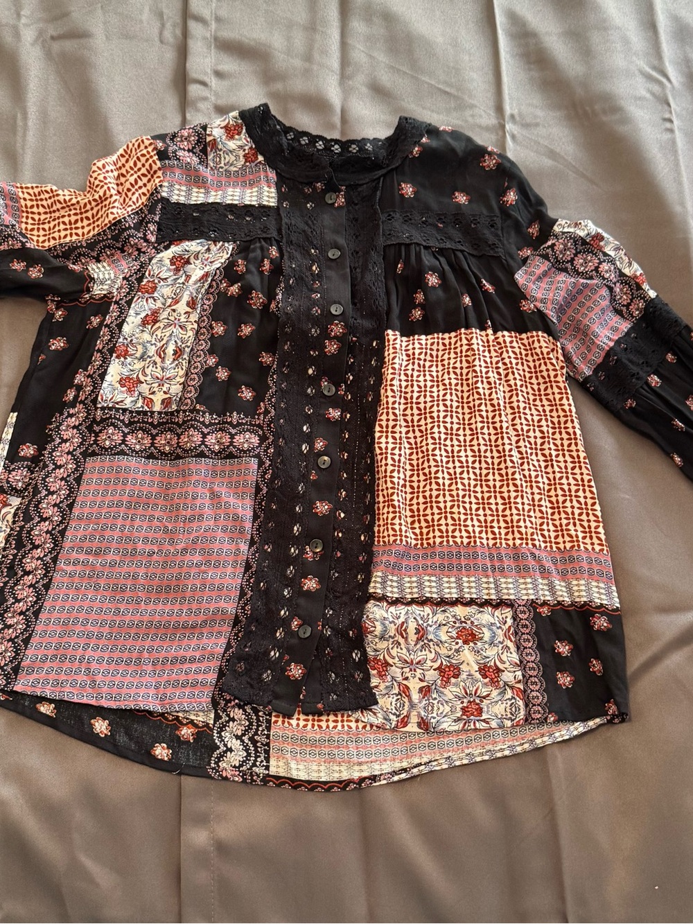 NWOT Lucky Brand Boho Patchwork Peasant Blouse Mixed Floral Print Lace Trim Top - Picture 3 of 12